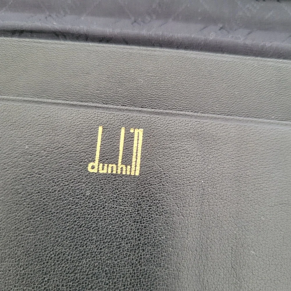 Dunhill Mens Black Leather Long Bi-Fold Wallet Gold Tone Corners Logo Pocket